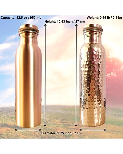 Set of 2 Plain Finish &amp; Hammered Copper Water Bottles | 32.5 OZ/950 ML each | Handmade &amp; Ayurveda Yoga Health Benefits | Detoxifies Body, Improves Digestion, Immunity &amp; Skin Tone-1