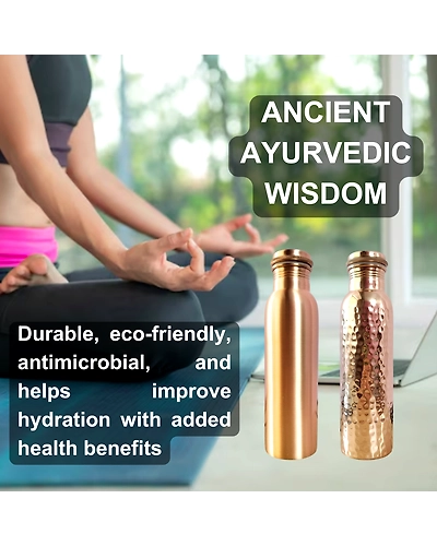 Set of 2 Plain Finish &amp; Hammered Copper Water Bottles | 32.5 OZ/950 ML each | Handmade &amp; Ayurveda Yoga Health Benefits | Detoxifies Body, Improves Digestion, Immunity &amp; Skin Tone-2