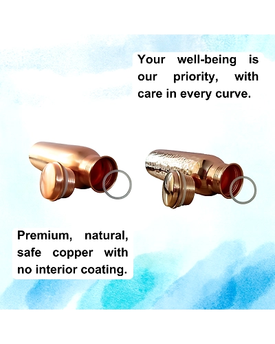 Set of 2 Plain Finish &amp; Hammered Copper Water Bottles | 32.5 OZ/950 ML each | Handmade &amp; Ayurveda Yoga Health Benefits | Detoxifies Body, Improves Digestion, Immunity &amp; Skin Tone-3