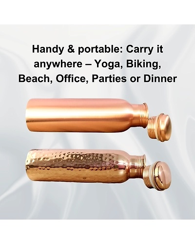 Set of 2 Plain Finish &amp; Hammered Copper Water Bottles | 32.5 OZ/950 ML each | Handmade &amp; Ayurveda Yoga Health Benefits | Detoxifies Body, Improves Digestion, Immunity &amp; Skin Tone-5