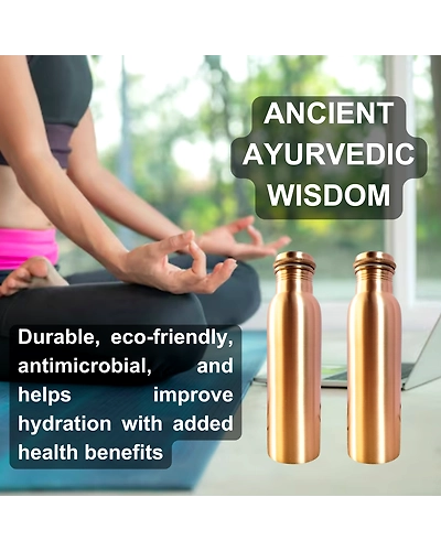 Set of 2 Plain Finish Copper Water Bottles | 32.5 OZ/950 ML each | Handcrafted in India with Ayurveda &amp; Yoga Health Benefits | Detoxifies Body, Improves Digestion, Immunity &amp; Skin Tone-2