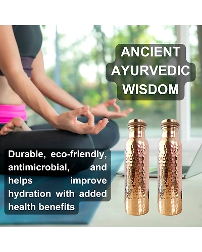 Set of 2 Hammered Copper Water Bottles | 32.5 OZ/950 ML each | Handcrafted in India with Ayurveda &amp; Yoga Health Benefits | Detoxifies Body, Improves Digestion, Immunity &amp; Skin Tone-2