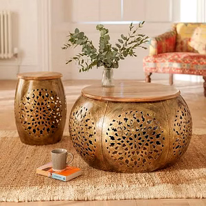 Handcrafted Iron & Wooden Stool Set - Artisanal Home Decor