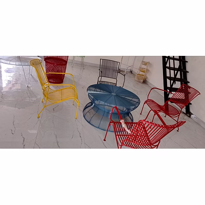 modern outdoor metal wire chair & round table set | handcrafted iron garden furniture