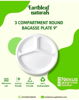 3 Compartment Disposable Round Bagasse Plate 9"