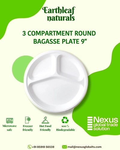 3 Compartment Disposable Round Bagasse Plate 9&quot;-DCP-03-001