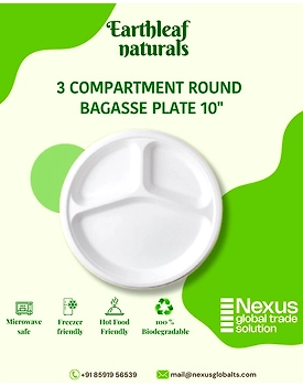 3 Compartment Disposable Round Bagasse Plate 10"