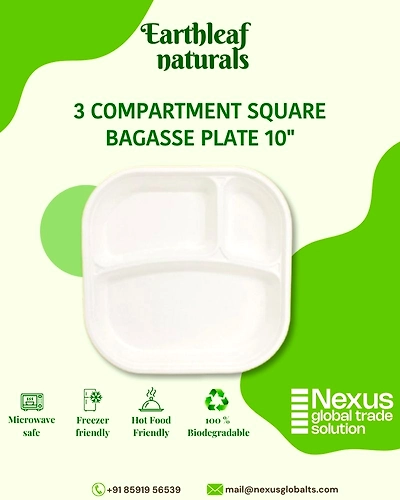 3 Compartment Disposable Square Bagasse Plate 10&quot;-DCP-03-003