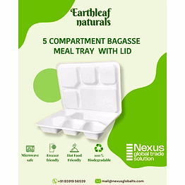 5 compartment disposable bagasse meal tray with lid