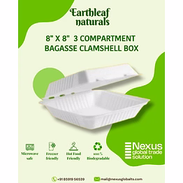 8" x 8" 3 compartment disposable bagasse clamshell box