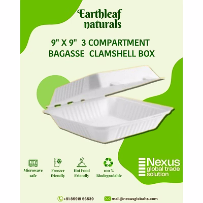 9" x 9" 3 compartment disposable bagasse clamshell box