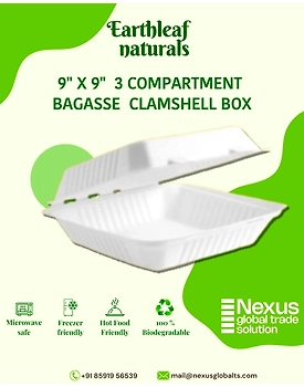 9" x 9" 3 Compartment Disposable bagasse clamshell box