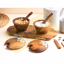 hand-painted flower motif mango wood multipurpose jar set with tray & spoons