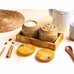 handcrafted wooden jar pair with tray