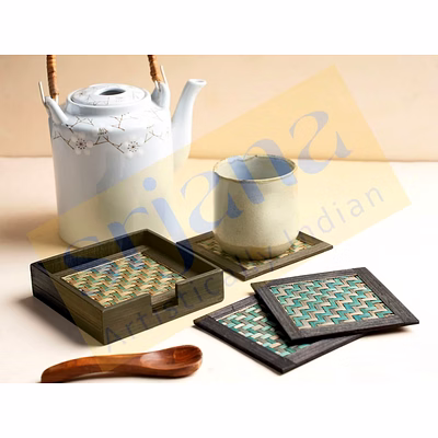 handwoven bamboo coaster set with wooden case