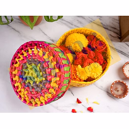 handwoven colorful round palm leaf basket