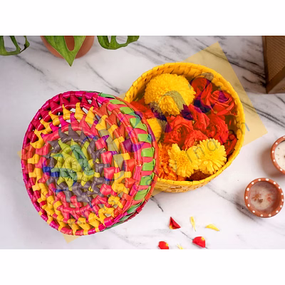 handwoven colorful round palm leaf basket