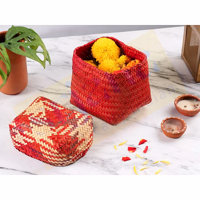 sitalpati small square basket with patterned lid