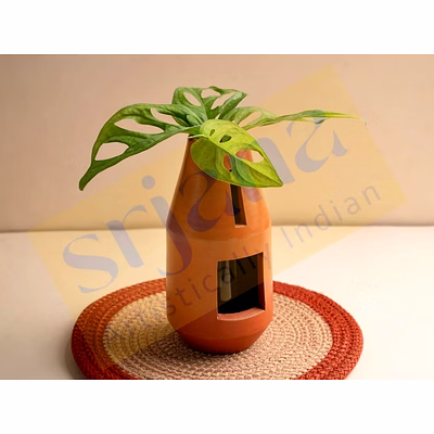 terracotta bottle-shaped indoor planter with glass tube