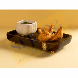 wooden snack tray with metal stand