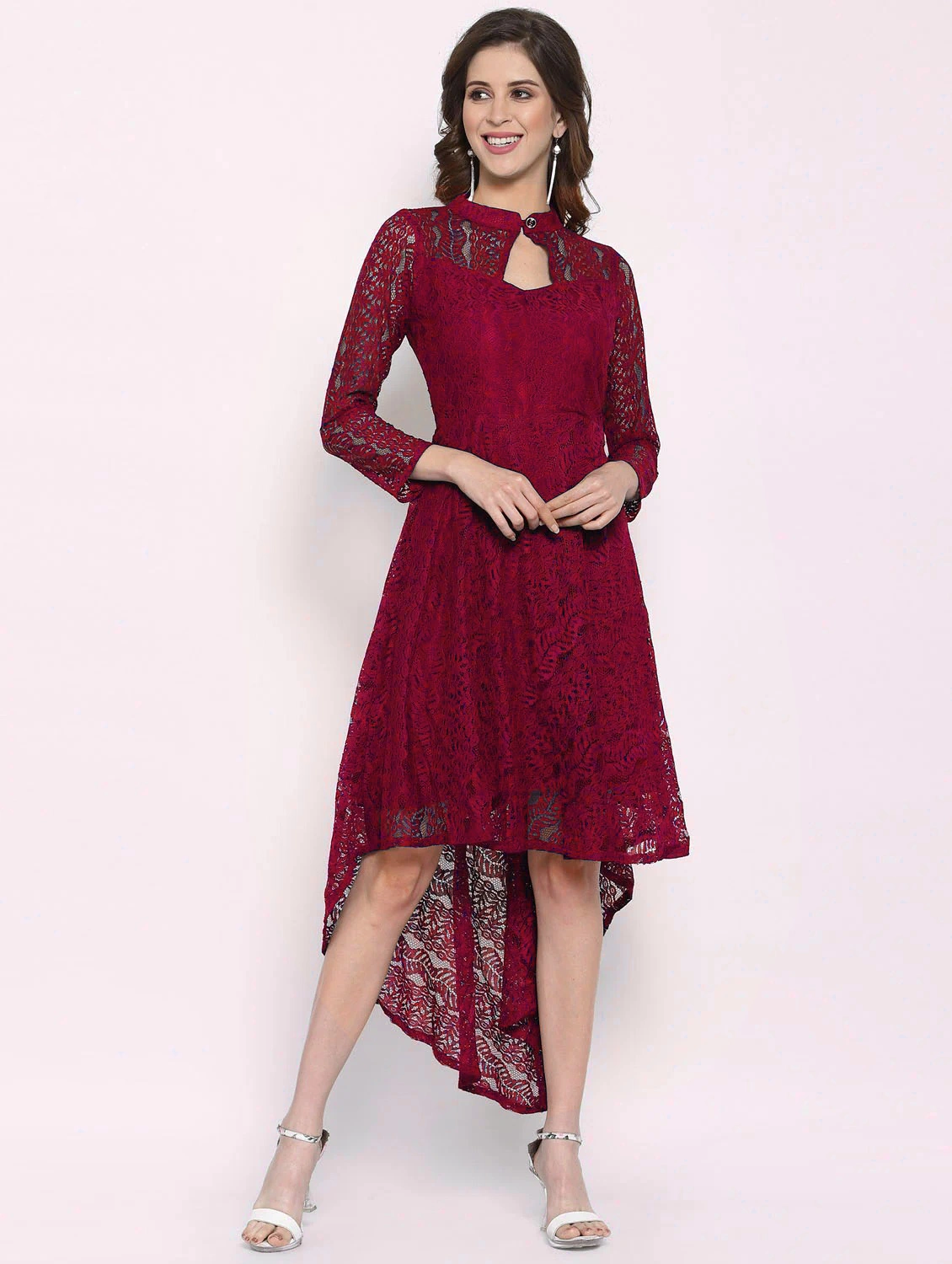 Women Coding Net With Inner High Low Dresses-63-MAROON-DRESS