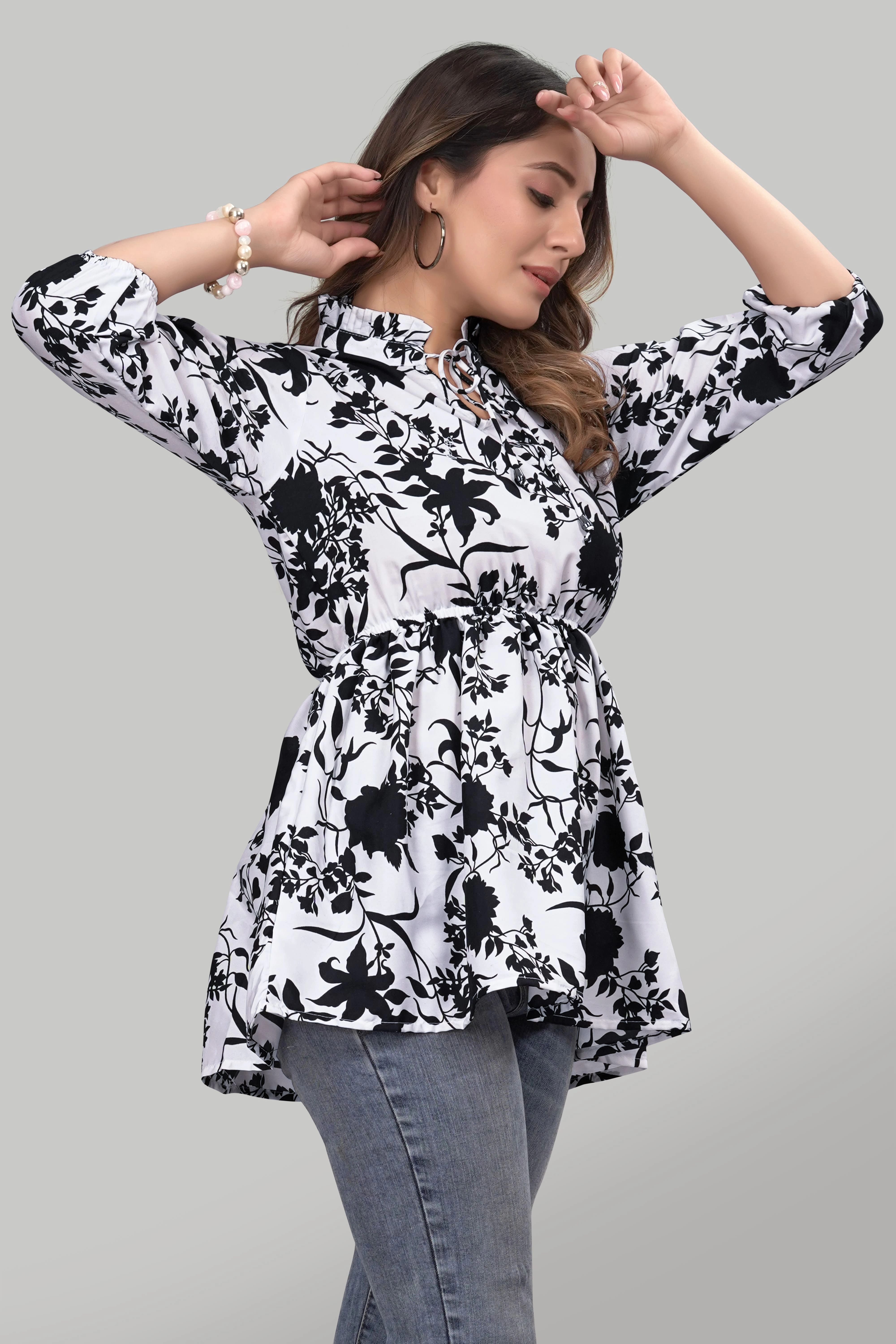 White Floral Ruffle Trendy Crepe Tunic Tops-1