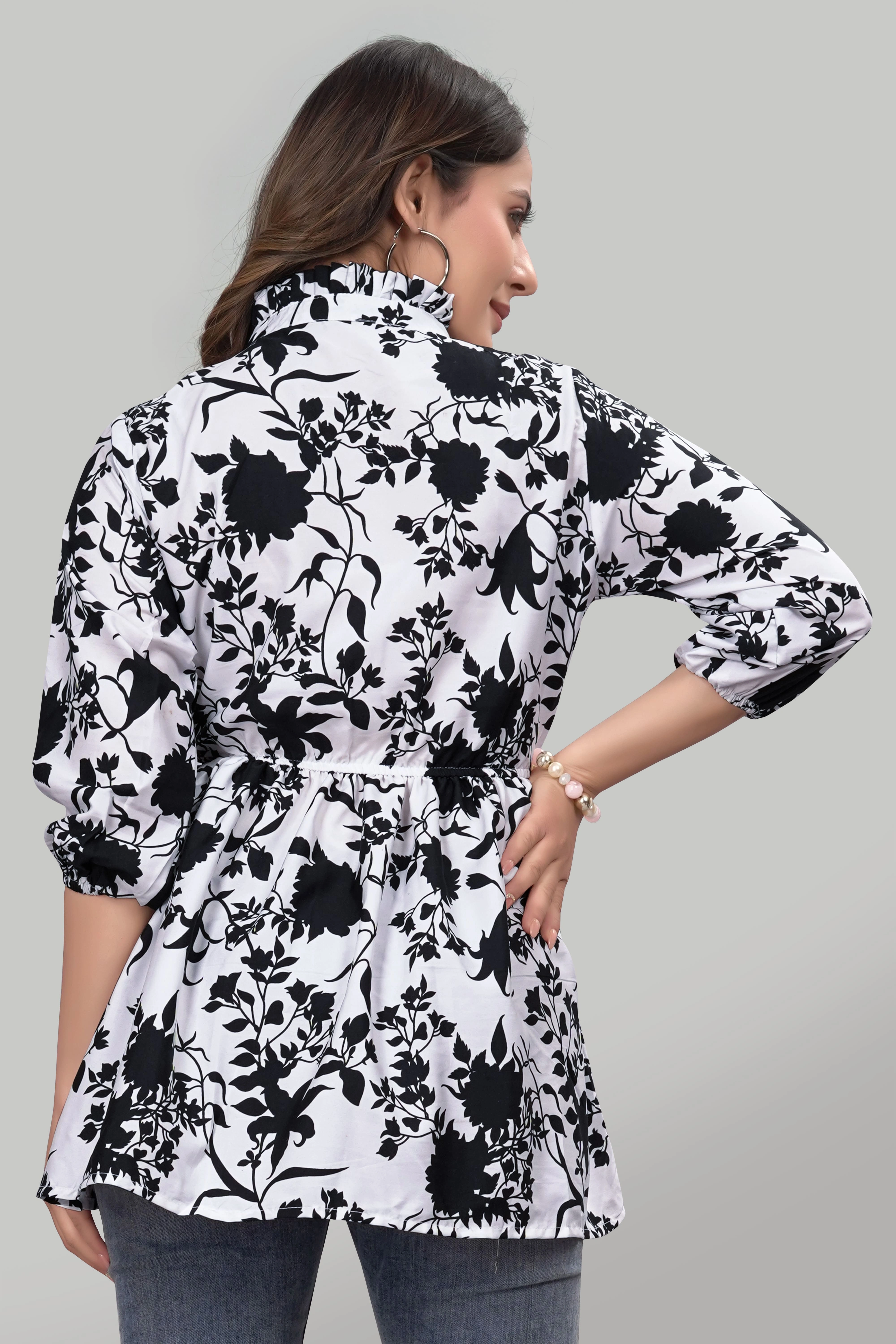 White Floral Ruffle Trendy Crepe Tunic Tops-2