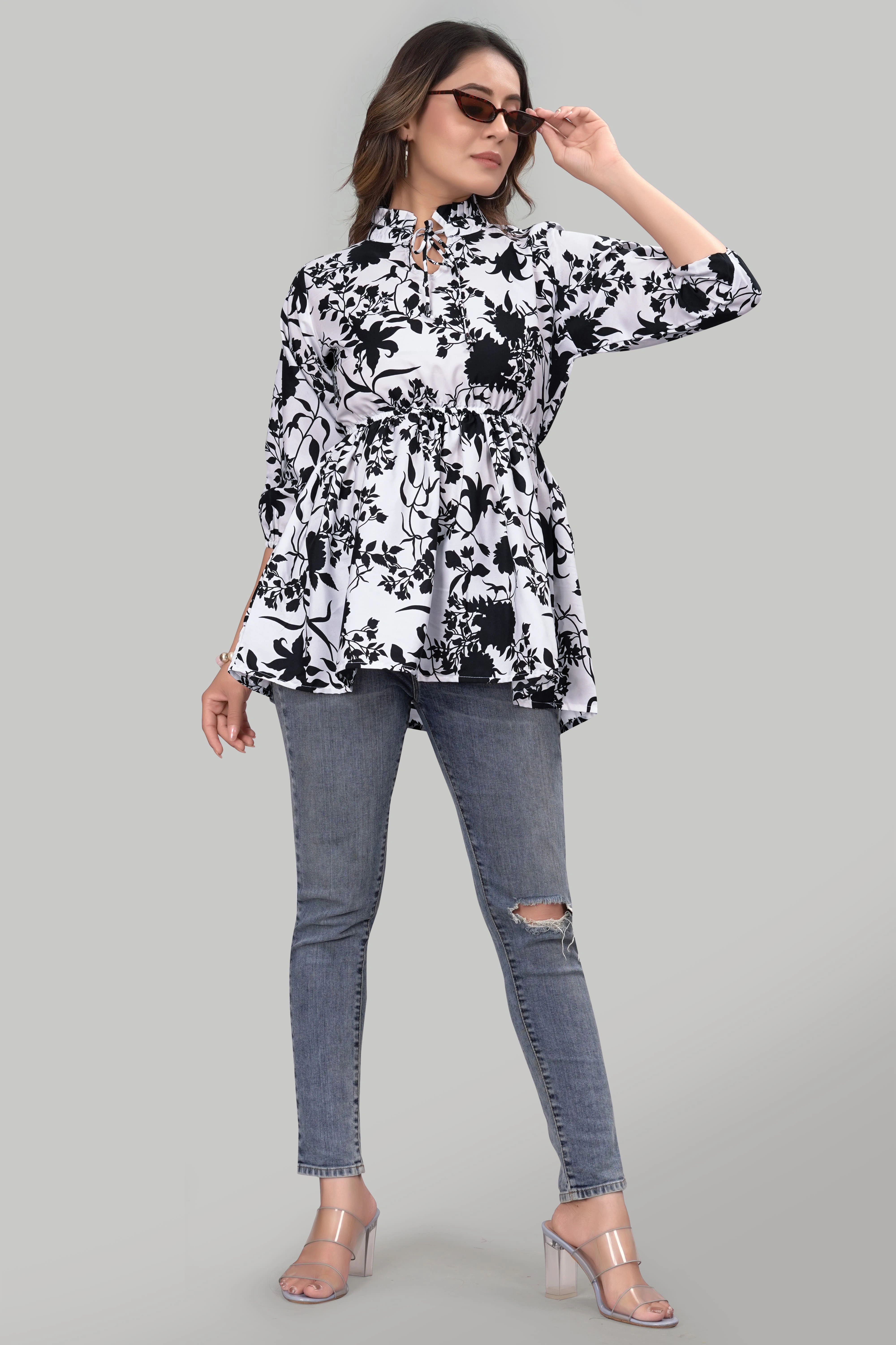 White Floral Ruffle Trendy Crepe Tunic Tops-4