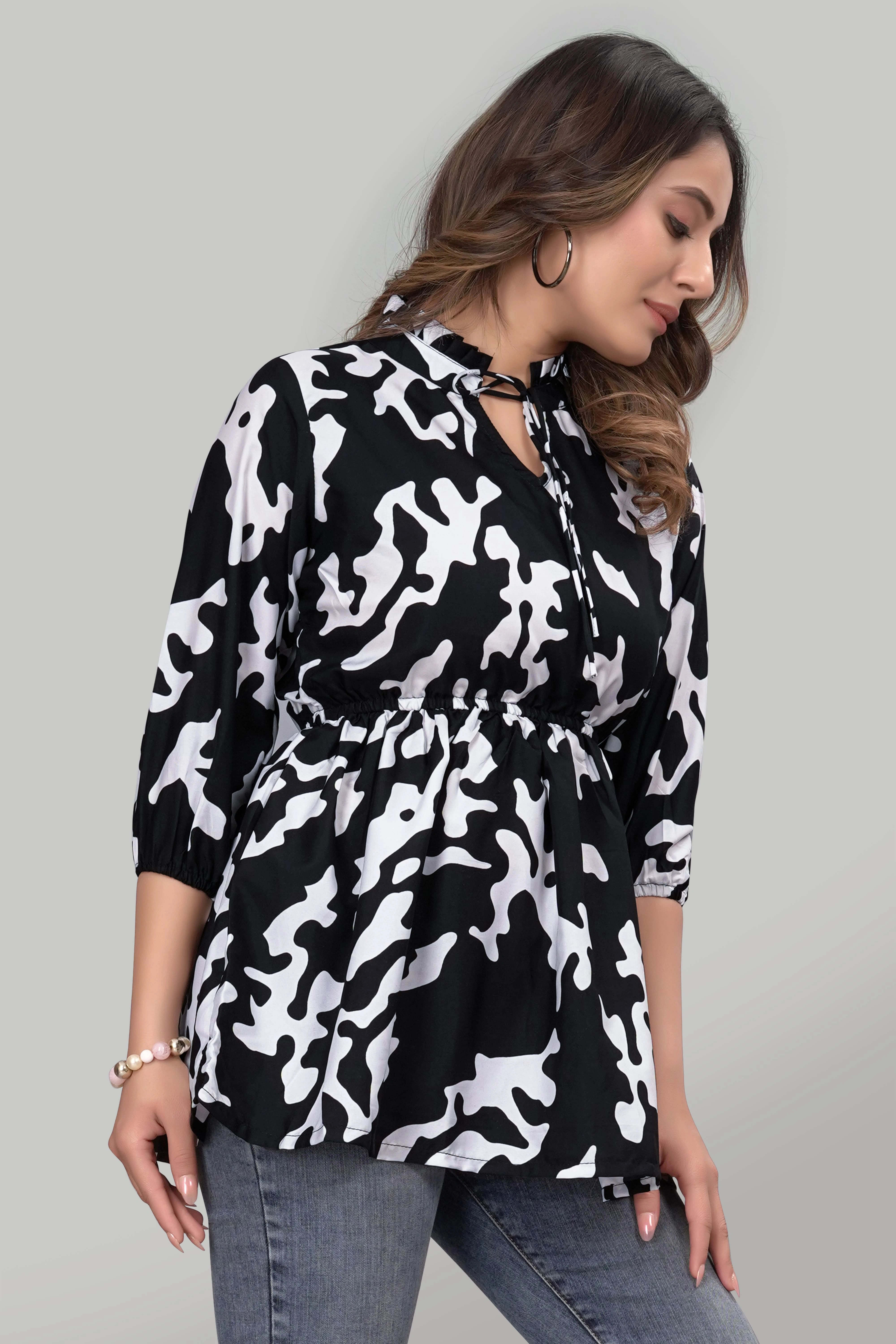 Black Floral Ruffle Trendy Crepe Tunic Tops-29-BLACK-TRENDY