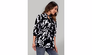 Black Floral Ruffle Trendy Crepe Tunic Tops
