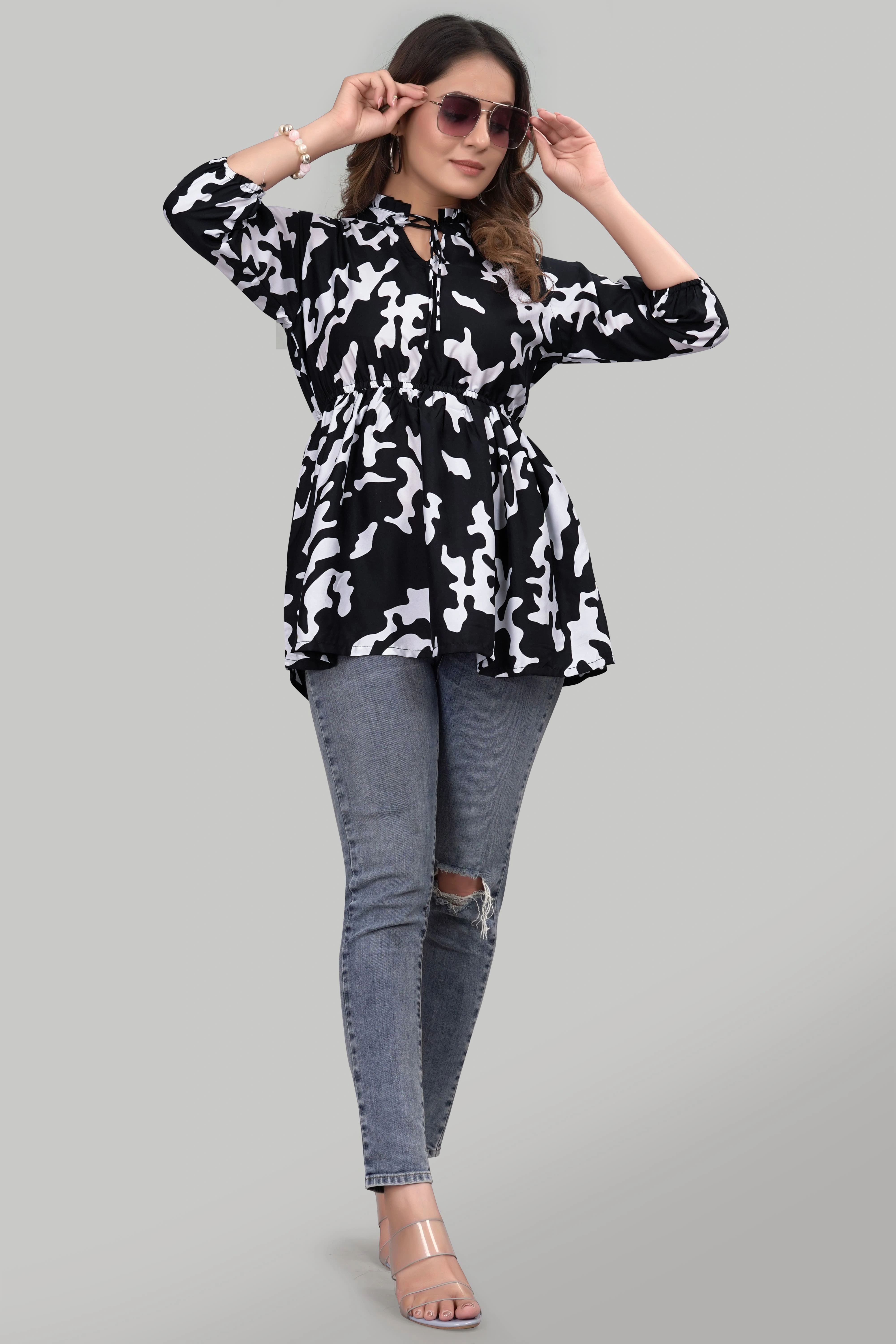 Black Floral Ruffle Trendy Crepe Tunic Tops-2