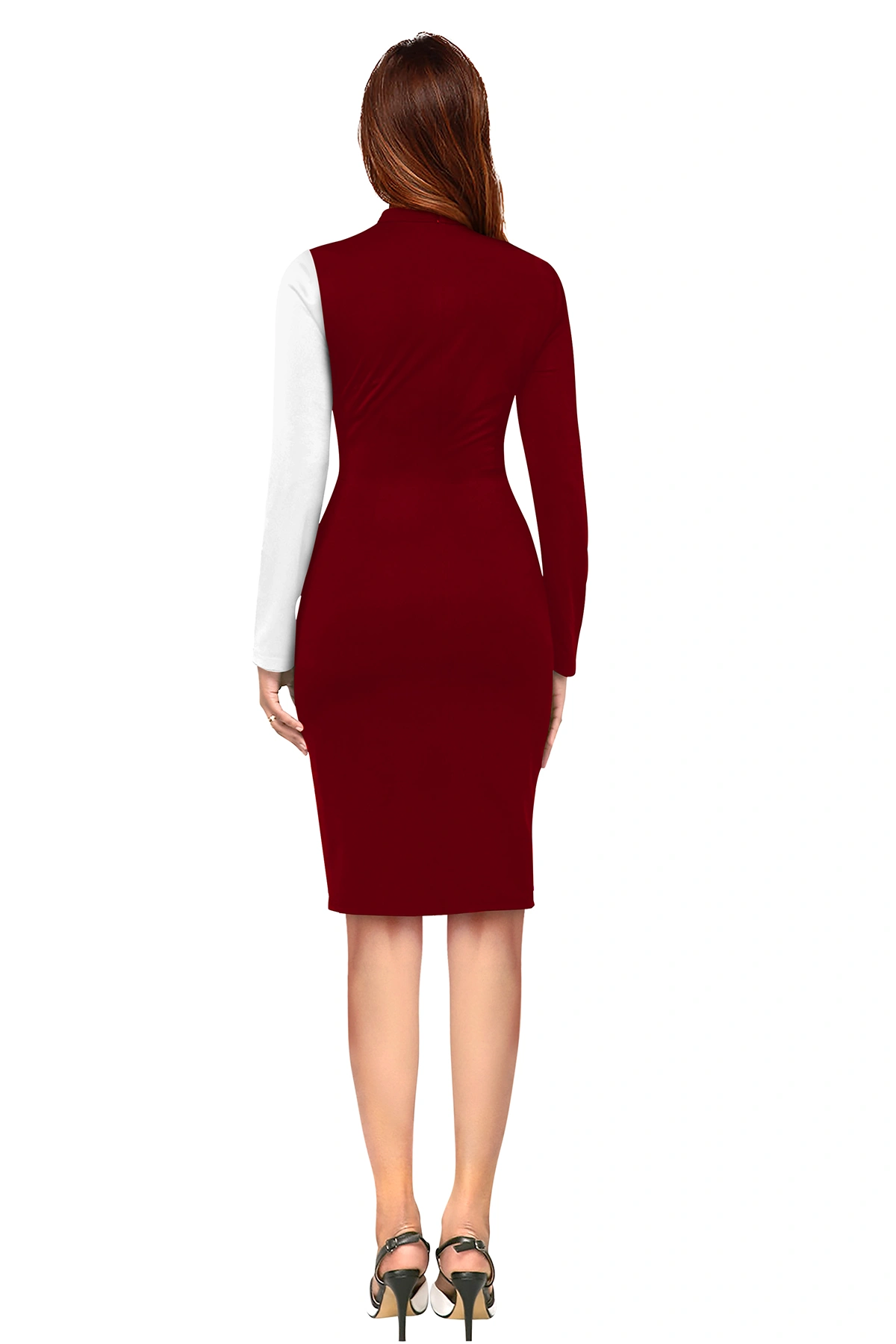 Maroon &amp; White Colourblock With Comfortable Belt Polyester Bodycon Dress-4