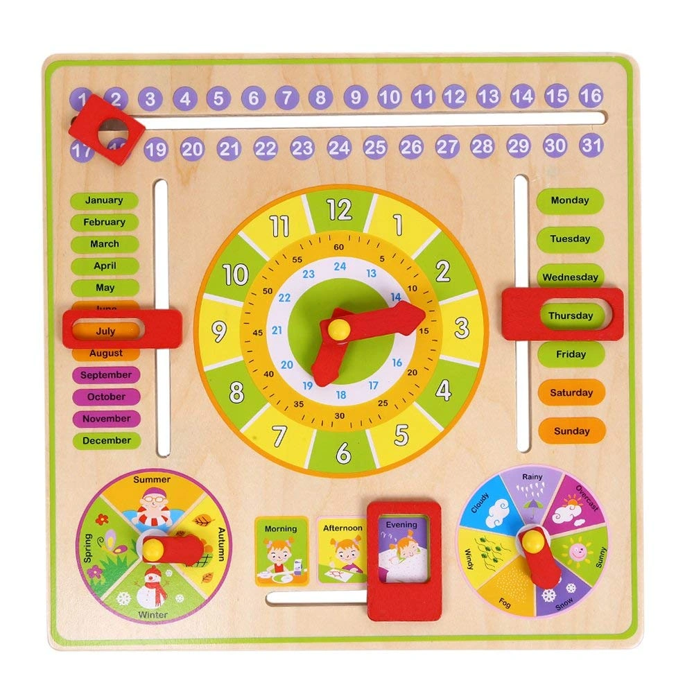 All-in-One Wooden Educational Calendar &amp; Clock Board for Kids with Knobs – Learn Time, Dates, Seasons &amp; Weather-5