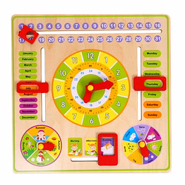 all-in-one wooden educational calendar & clock board for kids with knobs – learn time, dates, seasons & weather