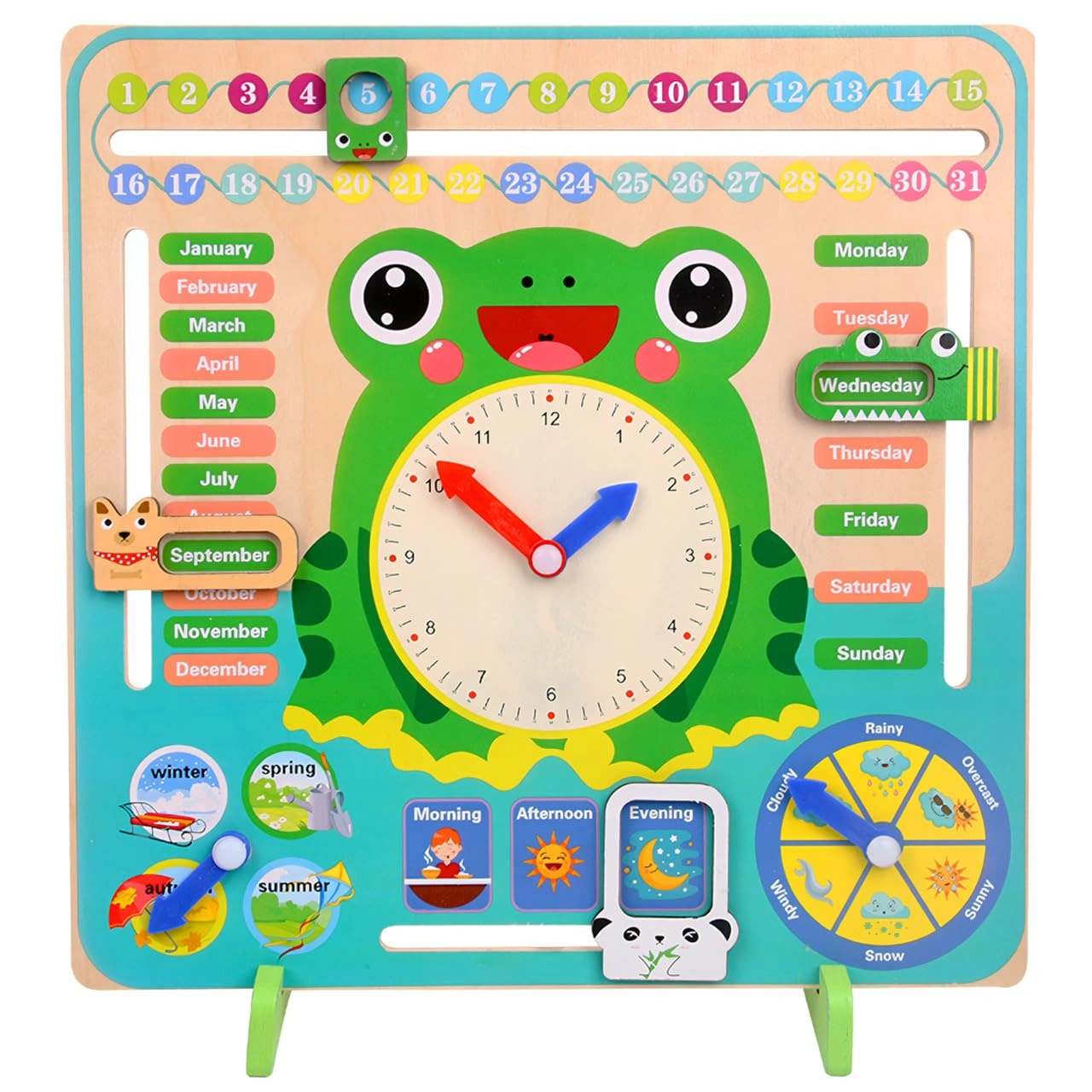 Wooden Frog Calendar &amp; Clock for Kids – 7-in-1 Montessori Daily Learning Clock, Preschool Time-Telling &amp; Educational Board-5