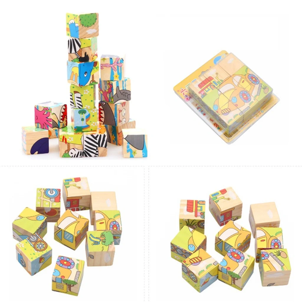 3D Face 6 in 1 Wooden Cube Blocks Jigsaw Puzzle Kid Children Baby Educational Toy Cartoon Puzzle-8