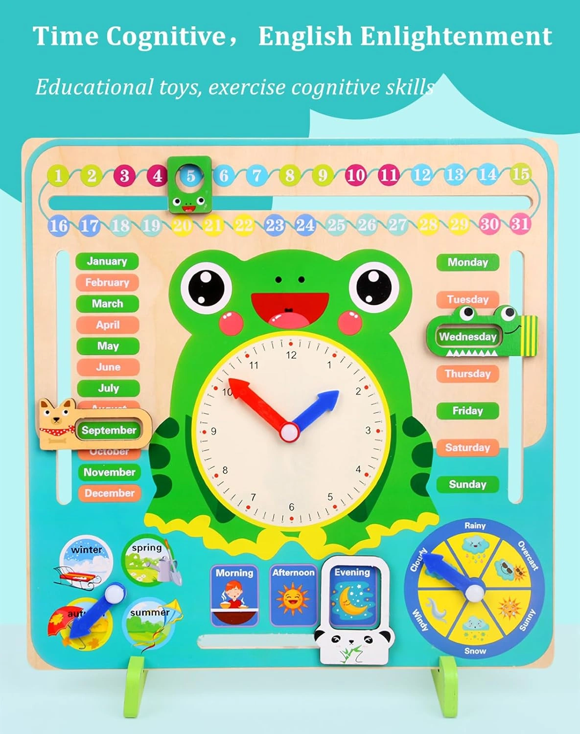 Wooden Frog Calendar &amp; Clock for Kids – 7-in-1 Montessori Daily Learning Clock, Preschool Time-Telling &amp; Educational Board-3