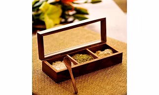 Wooden Spice Box with Glass Lid – 3 Compartment Storage with Spoon