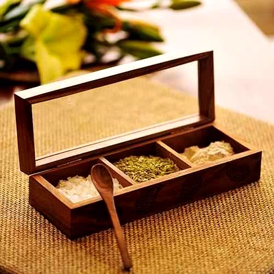 wooden spice box with glass lid – 3 compartment storage with spoon