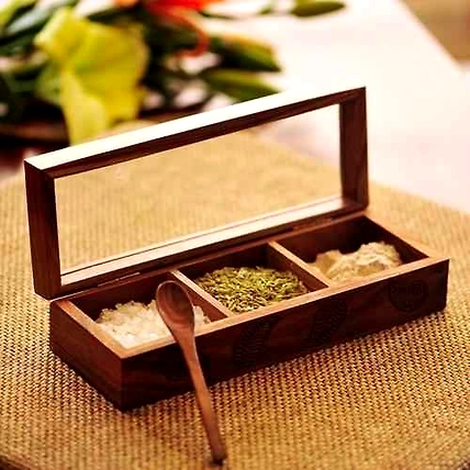 Wooden Spice Box with Glass Lid – 3 Compartment Storage with Spoon-12734441