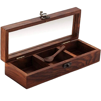 Wooden Spice Box with Glass Lid – 3 Compartment Storage with Spoon-1