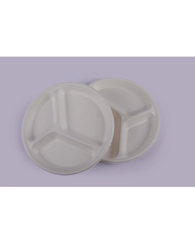 Baggase Plates - 9 Inch 3 Compartment Round Plate-1