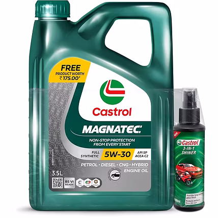 Castrol MAGNATEC 5W-30 - Full Synthetic Engine Oil for Petrol, Diesel, CNG and Hybrid Cars (3.5L) &amp; Castrol 3-IN-1 SHINER for Cars and Bikes (100ML)-007