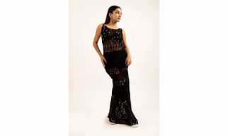 BLACK MESH GOWN WITH CRYSTAL TEAR DROP BRALETTE
