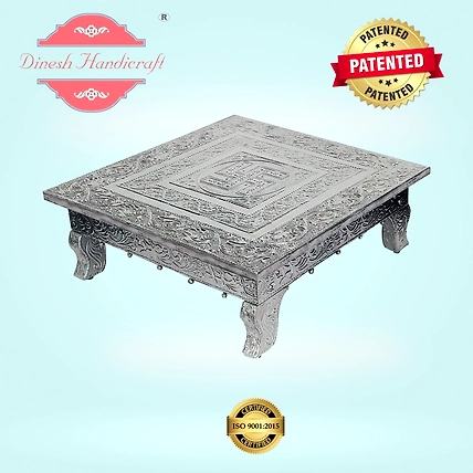 Aluminium Metal Coated Wooden Pooja Chowki with Swastik Design-12714525