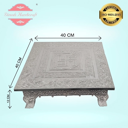 Aluminium Metal Coated Wooden Pooja Chowki with Swastik Design-1