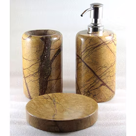 Bath Accessories set. 3 - Piece Set Of Natural Golden Brown Marble Stone Made Bathroom Set Accessories With Soap Dispenser,SBath Accessories set. 3 - Piece Set Of Natural Golden Brown Marble Stone Made Bathroom Set Accessories With Soap Dispenser,Soap Dish and Tumbler