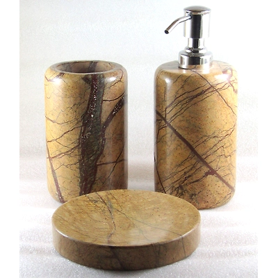 Bath Accessories set. 3 - Piece Set Of Natural Golden Brown Marble Stone Made Bathroom Set Accessories With Soap Dispenser,SBath Accessories set. 3 - Piece Set Of Natural Golden Brown Marble Stone Made Bathroom Set Accessories With Soap Dispenser,Soap Dish and Tumbler