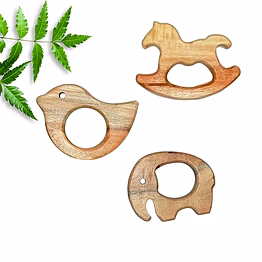 antoyz teether neem wood baby teething rings, set of 3 animals (sparrow, elephant, horse)