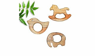 Antoyz Teether Neem Wood Baby Teething Rings, Set of 3 Animals (Sparrow, Elephant, Horse)